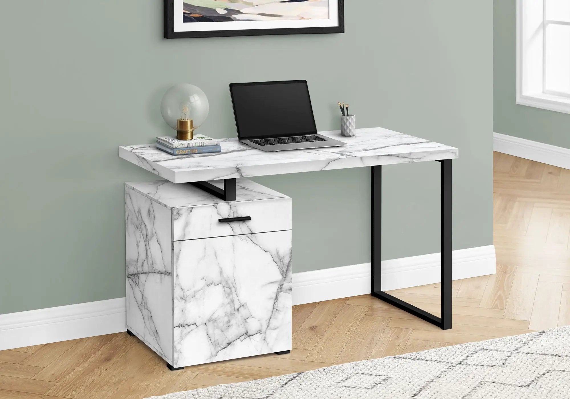 Computer Desk with Marble Look Laminate and Storage Drawers - White by HouseOfZazla