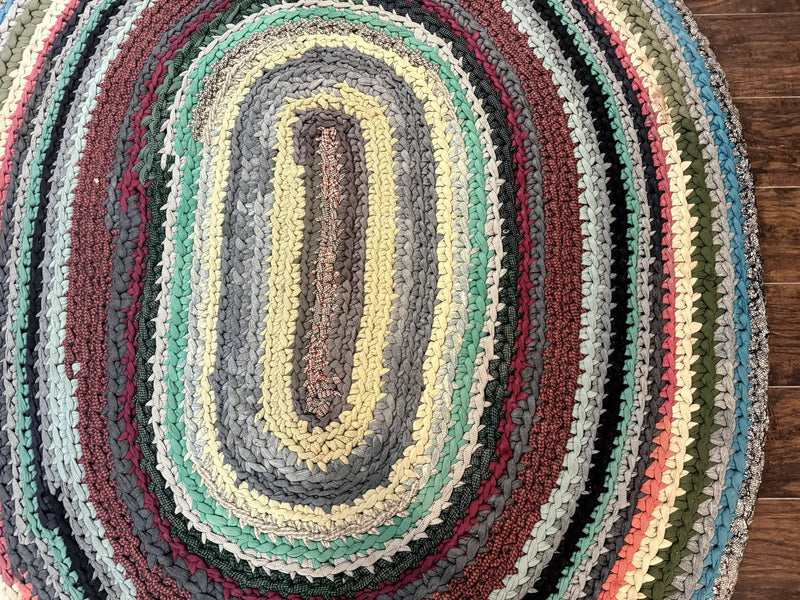 Antique American Braided Rug 5x7, Oval Multicolor Handmade Wool Braided Carpet by Jewel Rugs