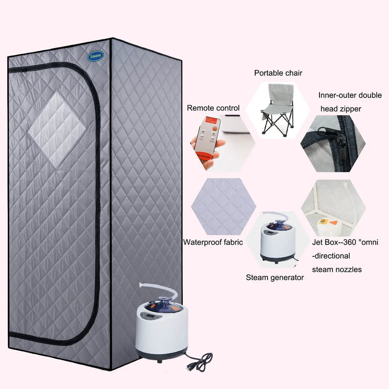 Full Size Portable Grey Steam Sauna tent–Personal Home Spa, with Steam Generator, Remote Control, Foldable Chair, Timer and PVC Pipe Connector Easy to Install.Fast heating, with FCC Certification by HouseOfZazla