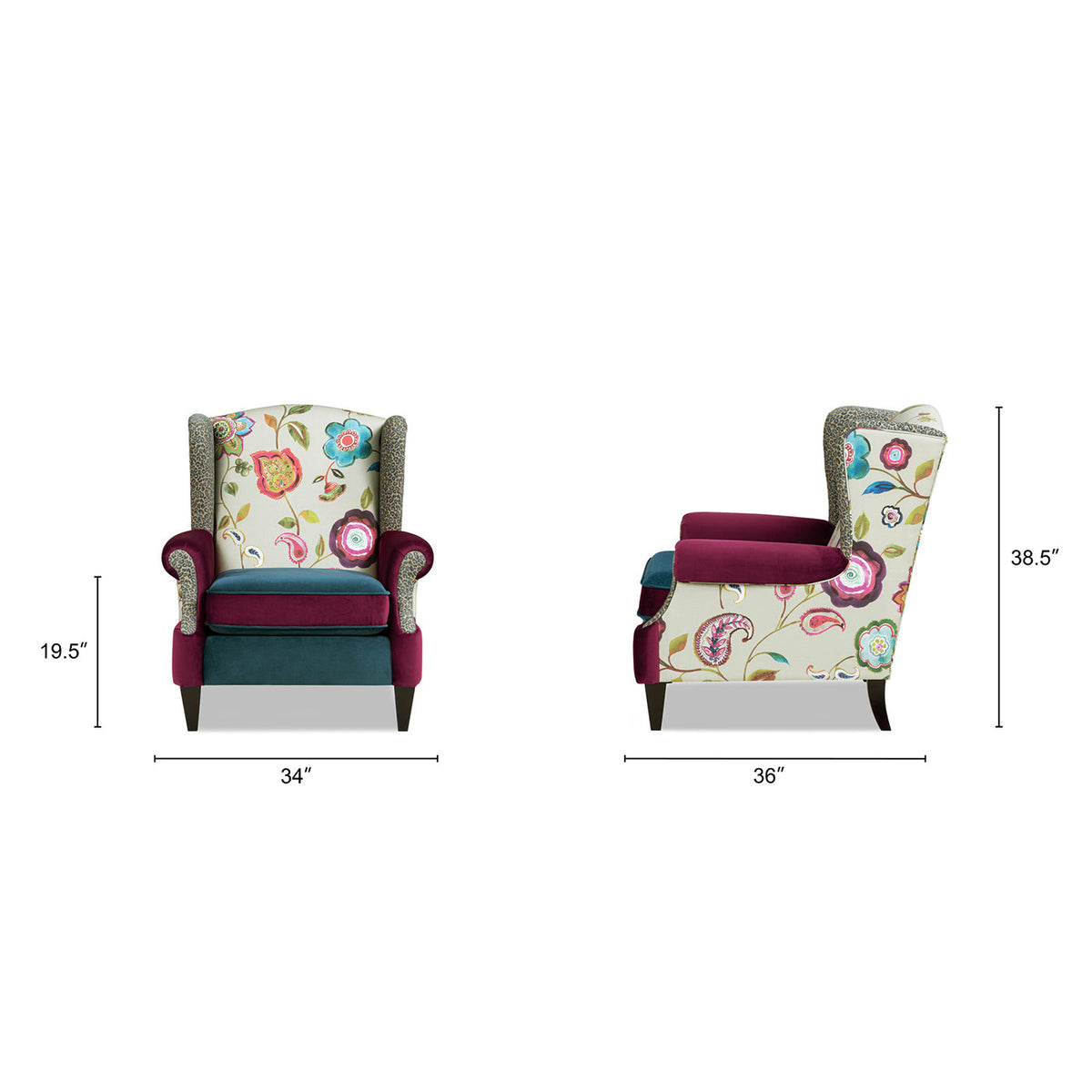 Anya Boho Chic Wingback Accent Arm Chair with Floral Print - Blue or Teal Multi, photo 10 of 10