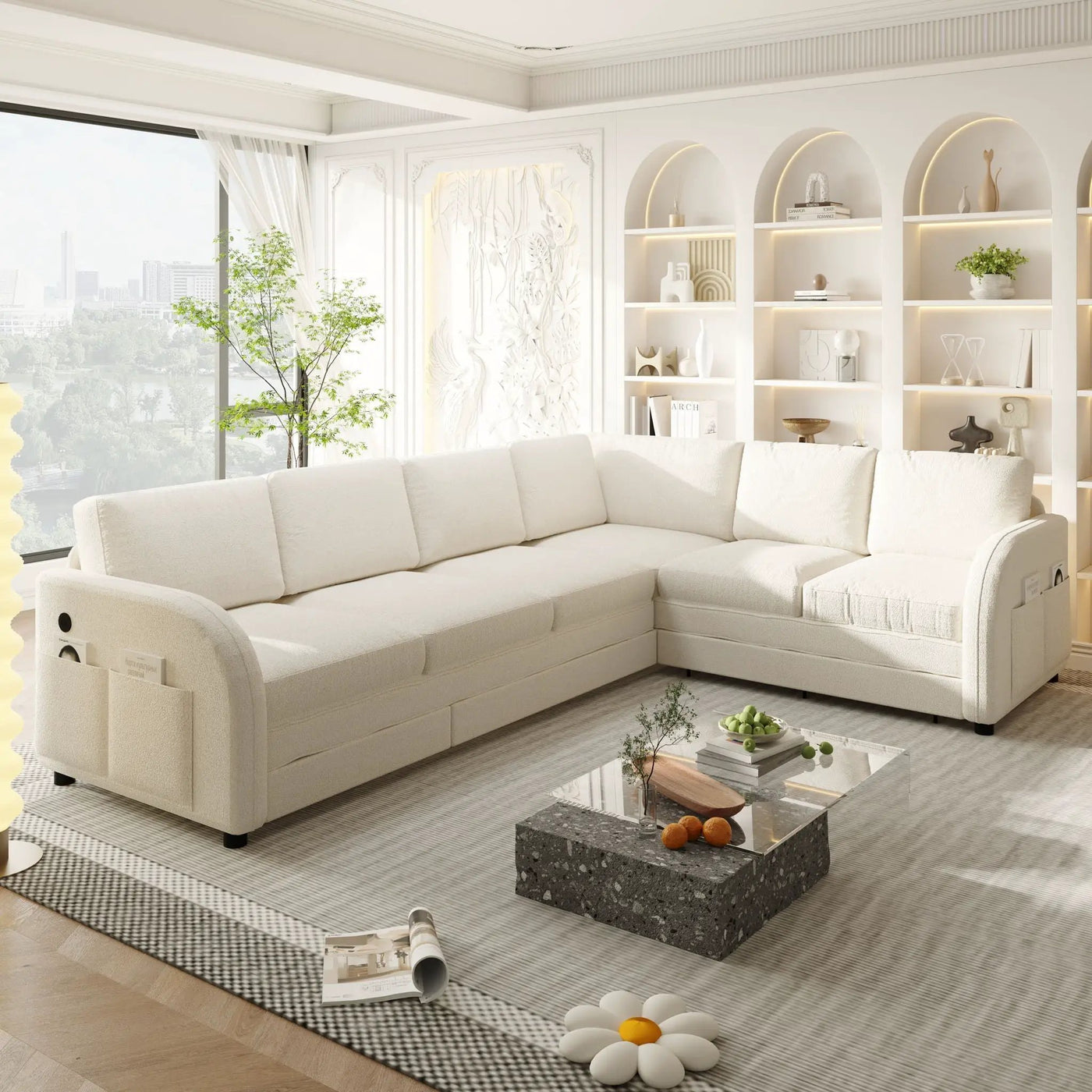 L-Shaped Couch With Pull-Out Bed, Convertible Sleeper Sofa With Side Pocket & USB Port by HouseOfZazla