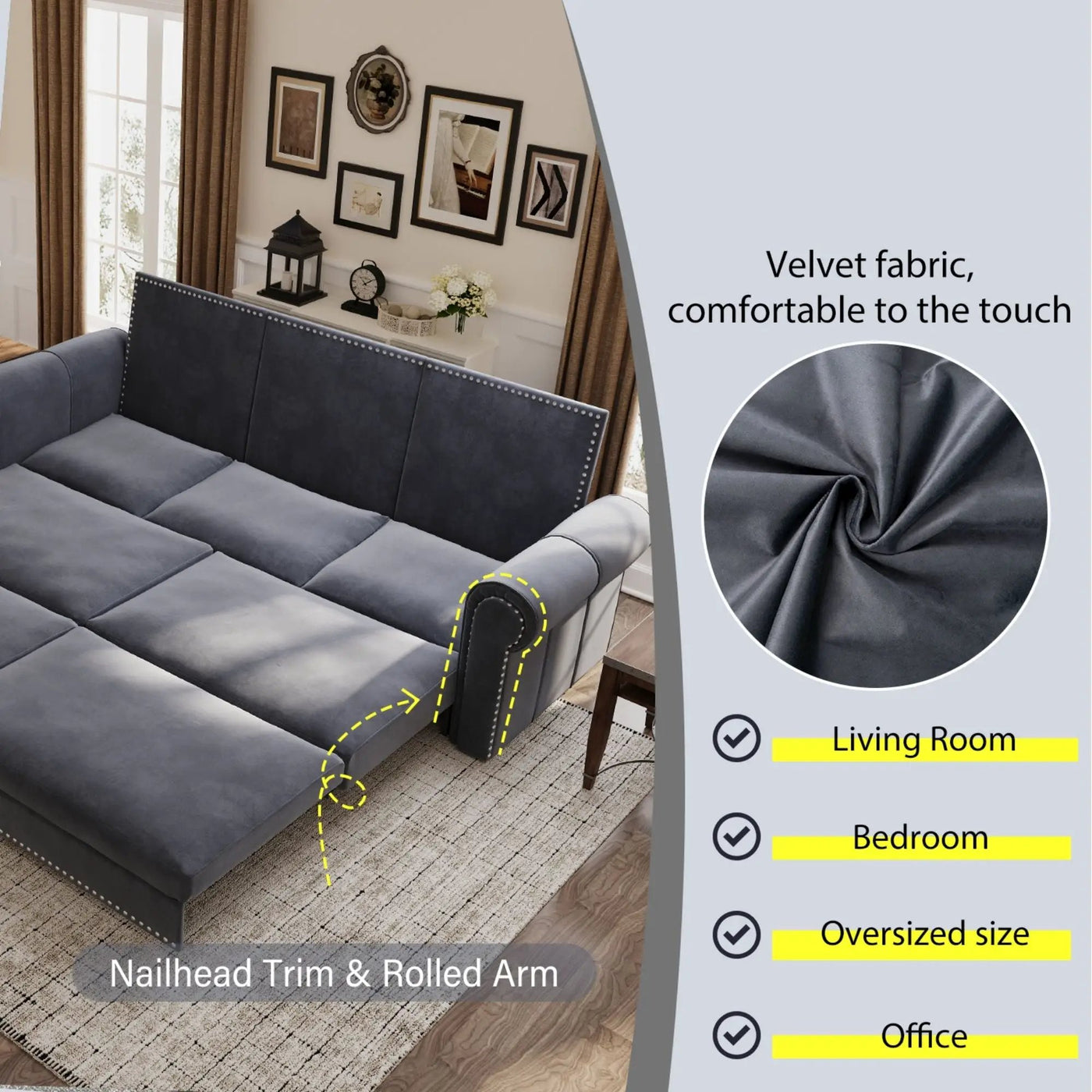 3 In 1 Convertible Sleeper Sofa With Nailhead Trim & Rolled Arm by HouseOfZazla