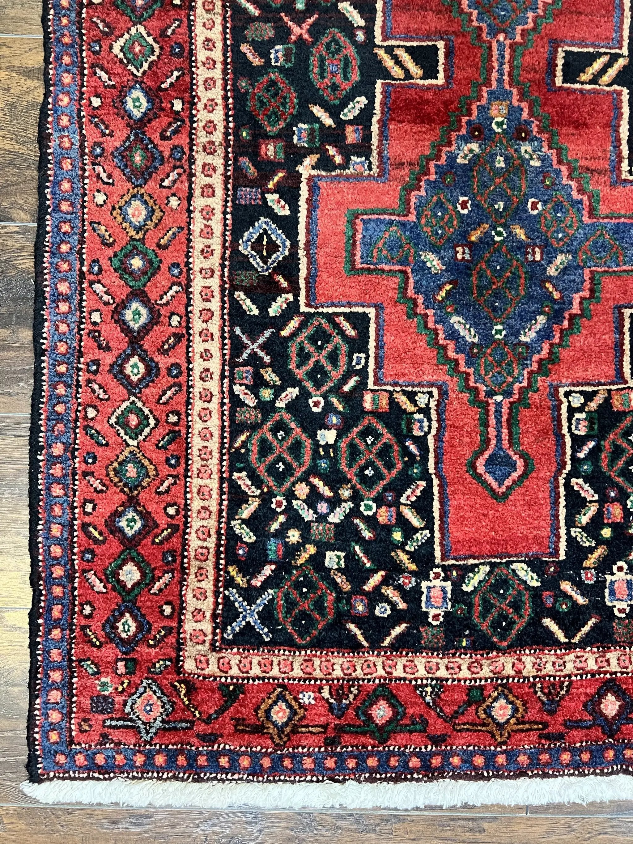 Persian Kurdish Senneh Runner Rug 3x9, Red Navy Blue, Medallions Wool Tribal Runner for Kitchen/Hallway 9ft Antique Handmade Oriental Runner by Jewel Rugs