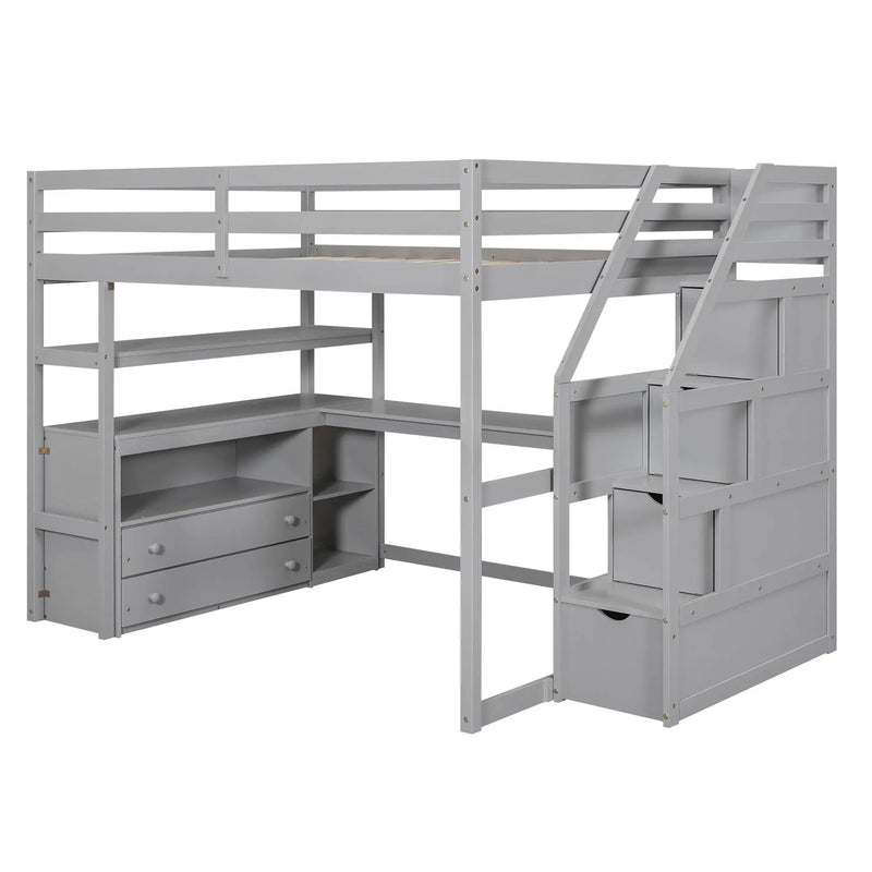 Loft Bed With Desk, Shelves, 2 Drawers, Storage Staircase