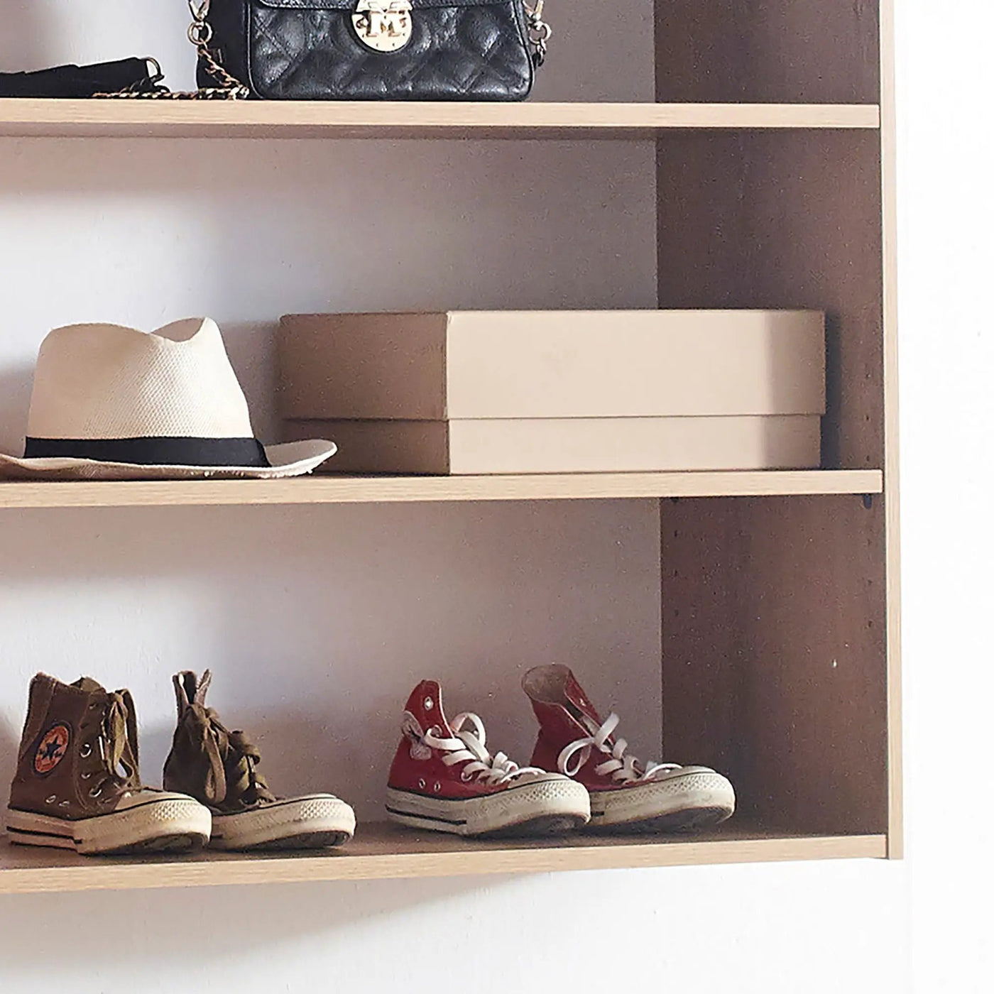 Devi - Wall Mounted Wood Closet System With Modular Design And Ample Storage by HouseOfZazla