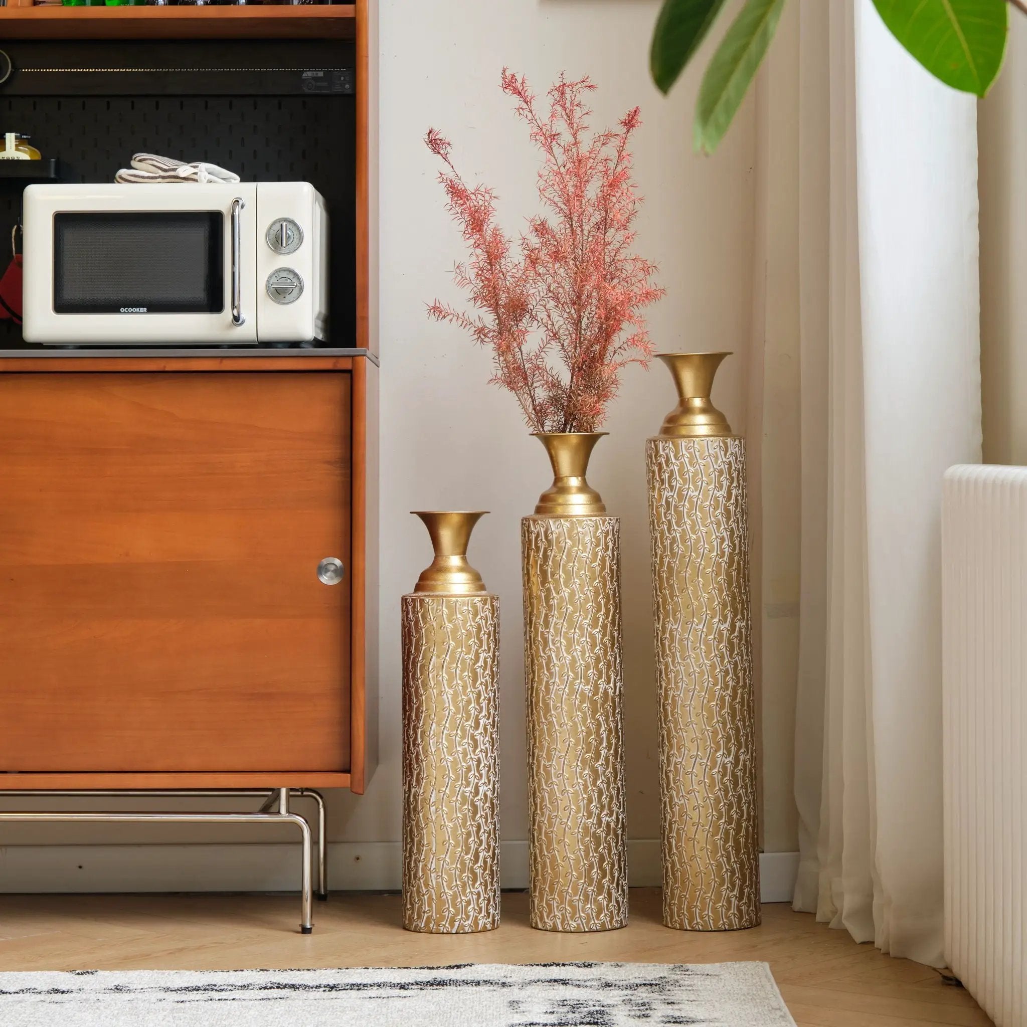 Metal Decorative Vases High Distress Metal Center Vases With Growing Vine Patterns, (Set of 3) Vases For Home Decoration - Gold by HouseOfZazla