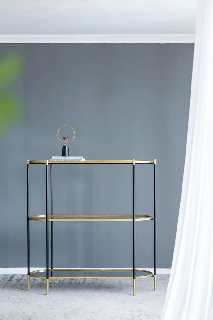 3 Tier Metal Console Table, Mirrored Shelf - Golden Black by HouseOfZazla
