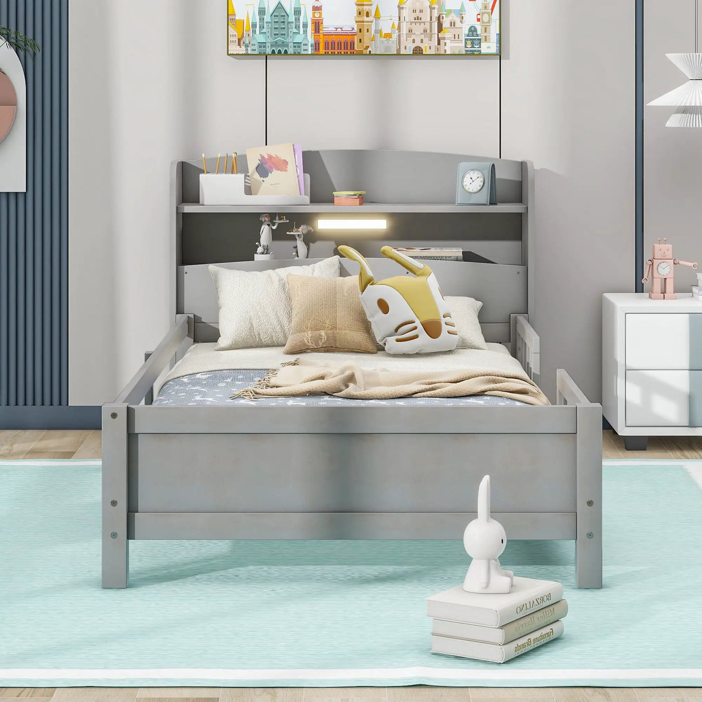 Wood Platform Bed With Built In LED Light, Storage Headboard And Guardrail by HouseOfZazla