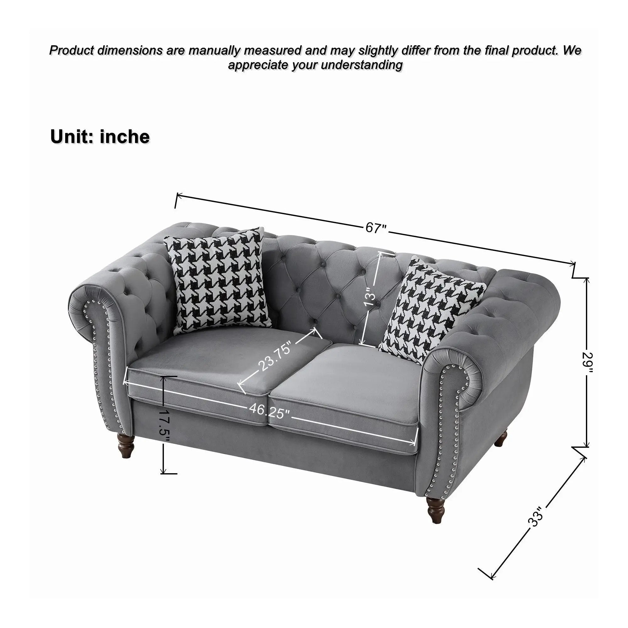 Chesterfield 3 And 2 Seater Upholstery Sofa With Roll Armrest & Nailhead Fabric Couch by HouseOfZazla