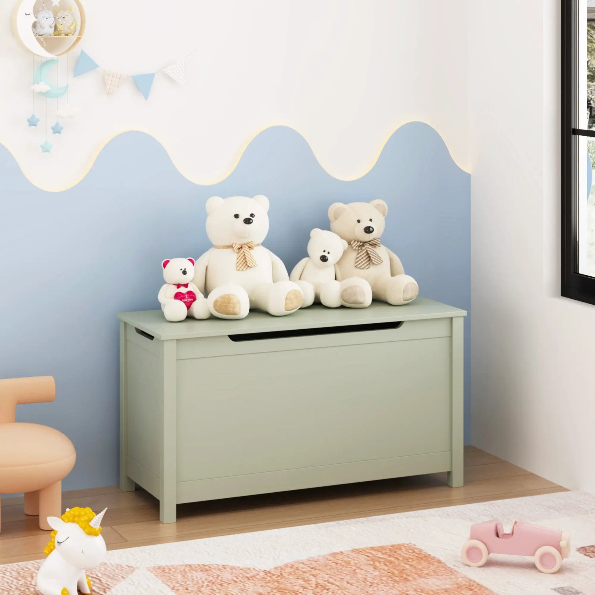 Kids Wooden Toy Box Storage with Safety Hinged Lid for Ages 2+ (Sage) by HouseOfZazla