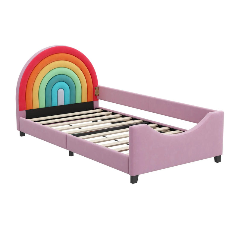 Rainbow Upholstered Twin Daybed Low To The Ground Design Cute Style Princess Bed - Colorful / Pink by HouseOfZazla