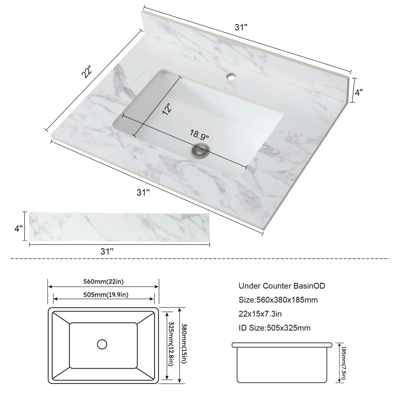 Elegant Bathroom Vanity Top With Rectangular Ceramic Sink And Backsplash by HouseOfZazla