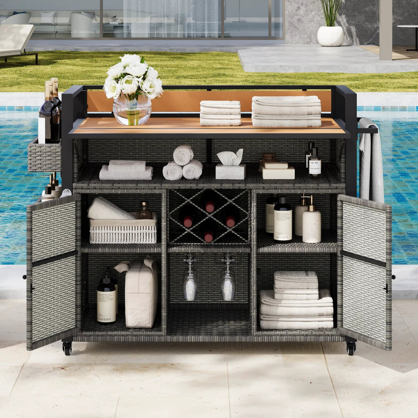 K&K 52.8"W Wicker Outdoor Grill Cart with Extended Table Top by HouseOfZazla