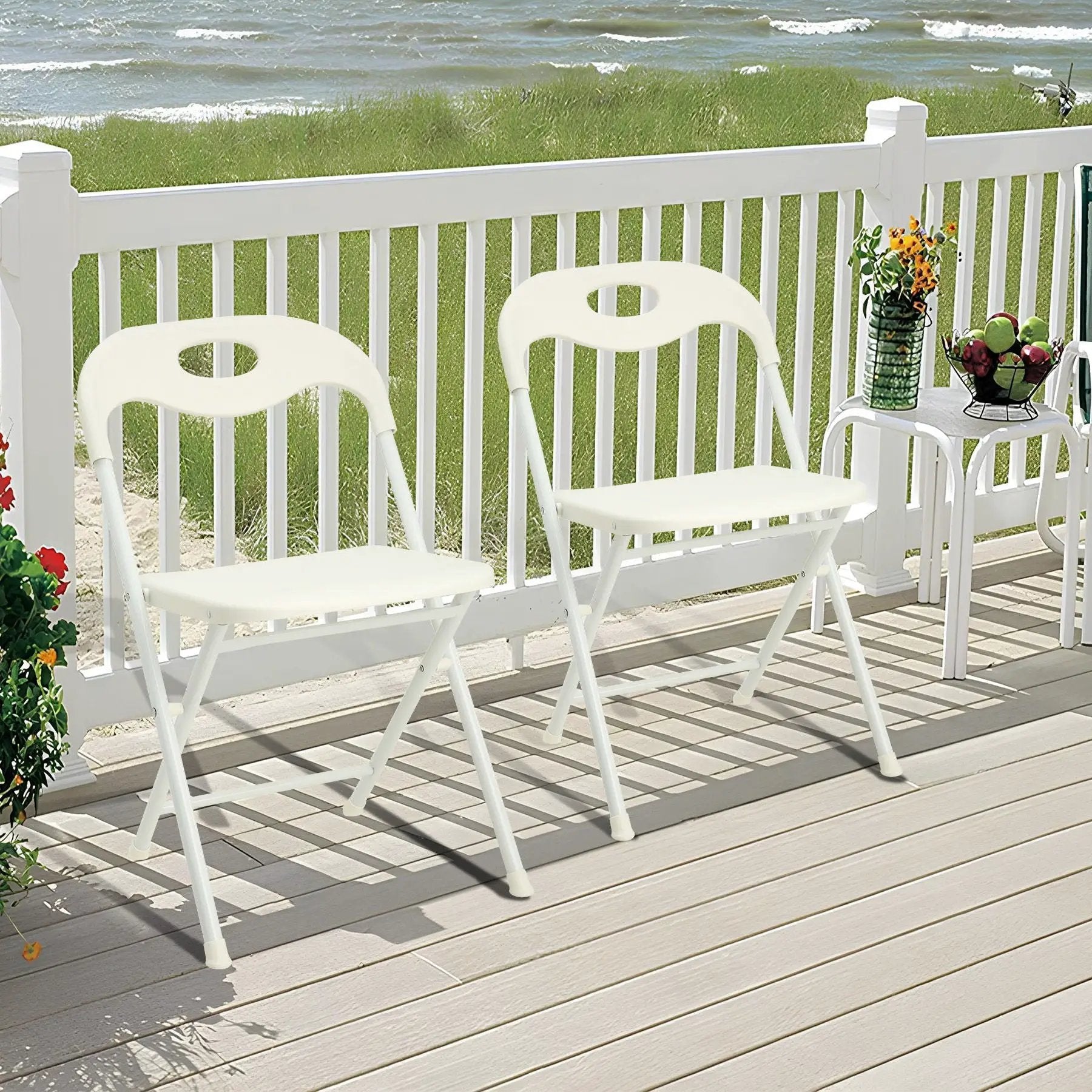 Folding Chairs, Stackable & Waterproof (Set of 4) - White