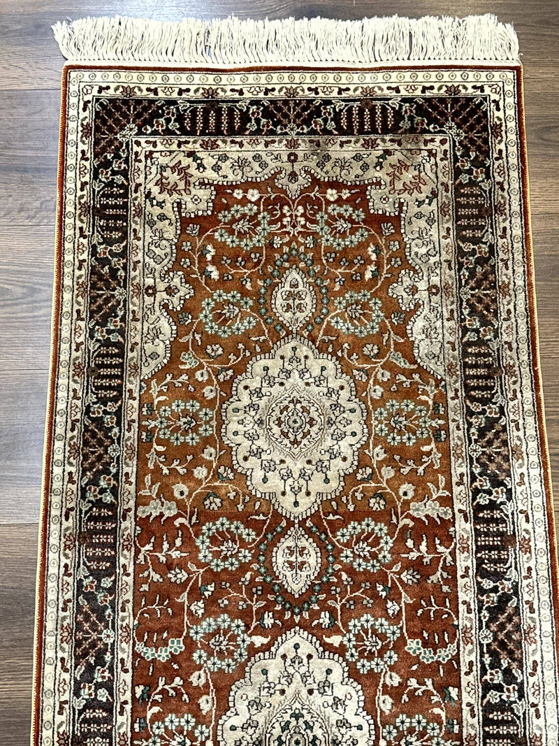 Turkish Silk Narrow Runner Rug 2 x 5.8, Very Fine 340 KPSI, Floral Medallions, Red by Jewel Rugs