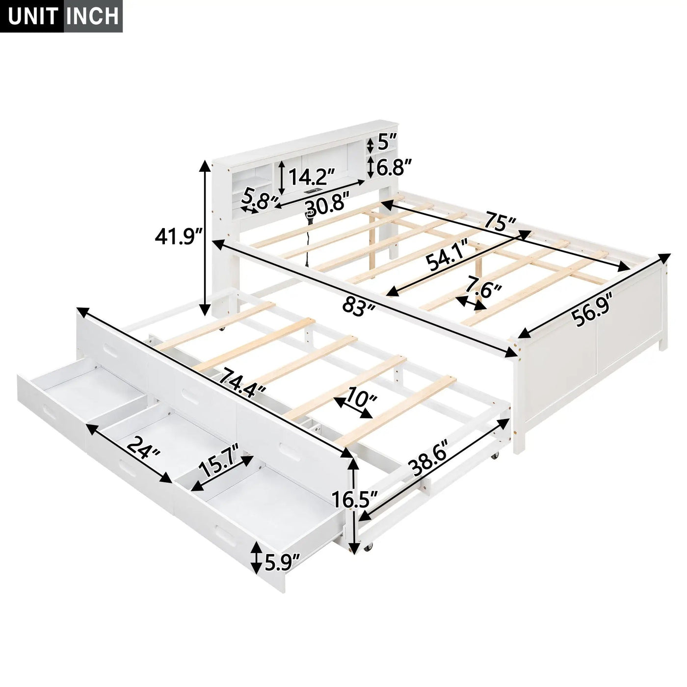 Platform Bed With Storage Headboard, USB, Trundle And 3 Drawers by HouseOfZazla