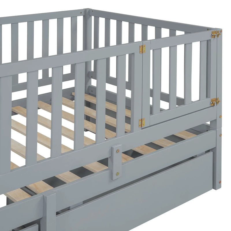 Daybed With Fence Guardrails And 2 Drawers, Split Into Independent Floor Bed & Daybed by HouseOfZazla