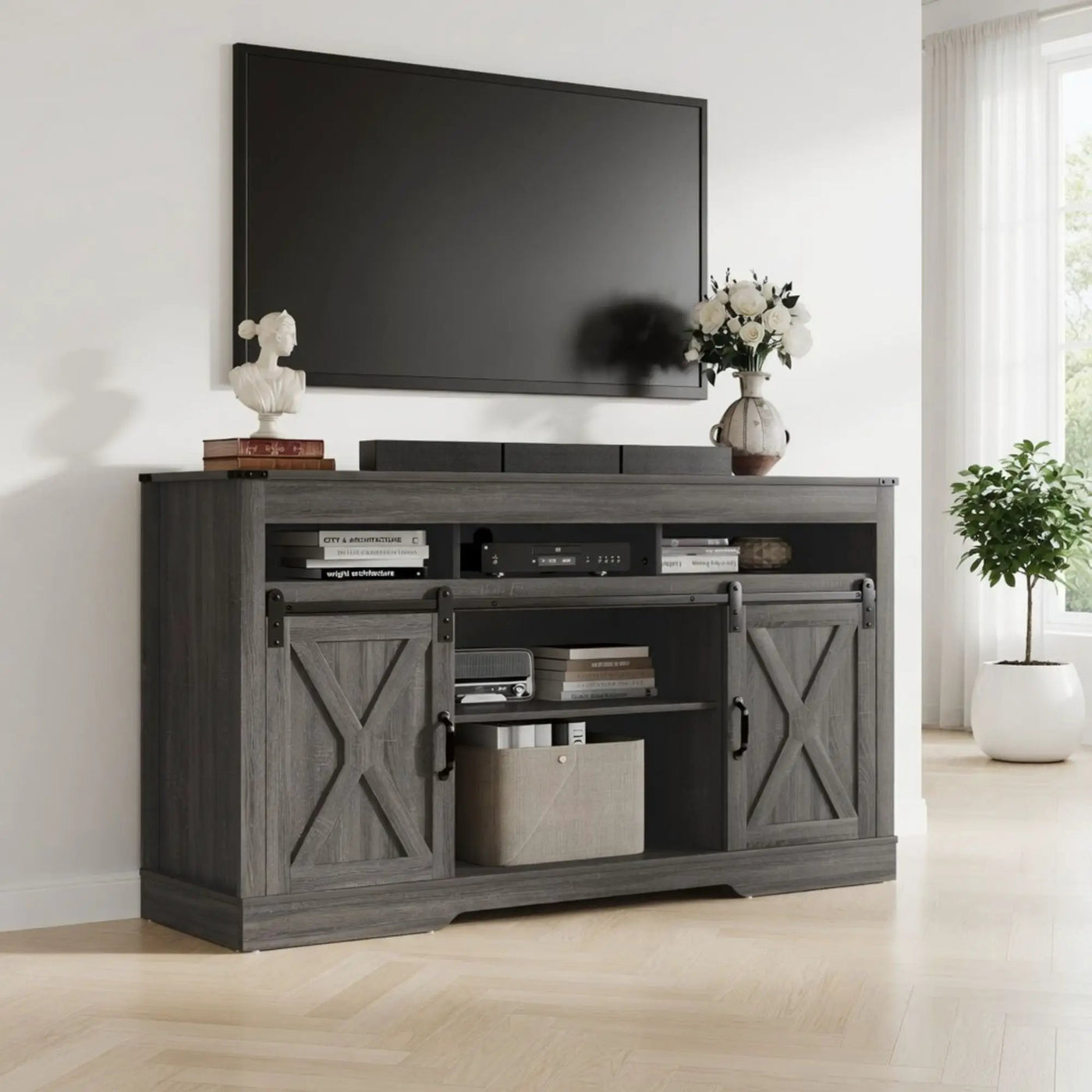 Farmhouse TV Stand With Sliding Barn Doors & Adjustable Storage by HouseOfZazla
