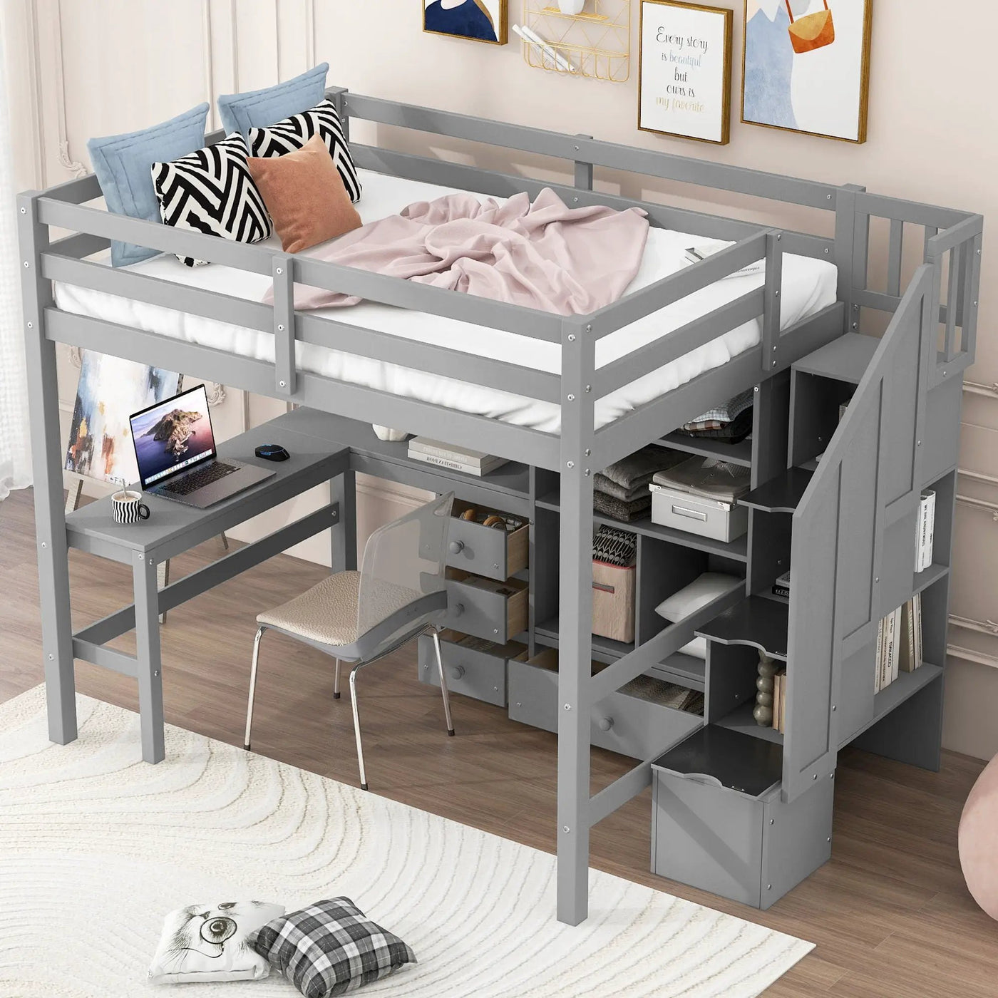 Loft Bed & L Shaped Desk, Drawers, Cabinet, And Storage Staircase by HouseOfZazla