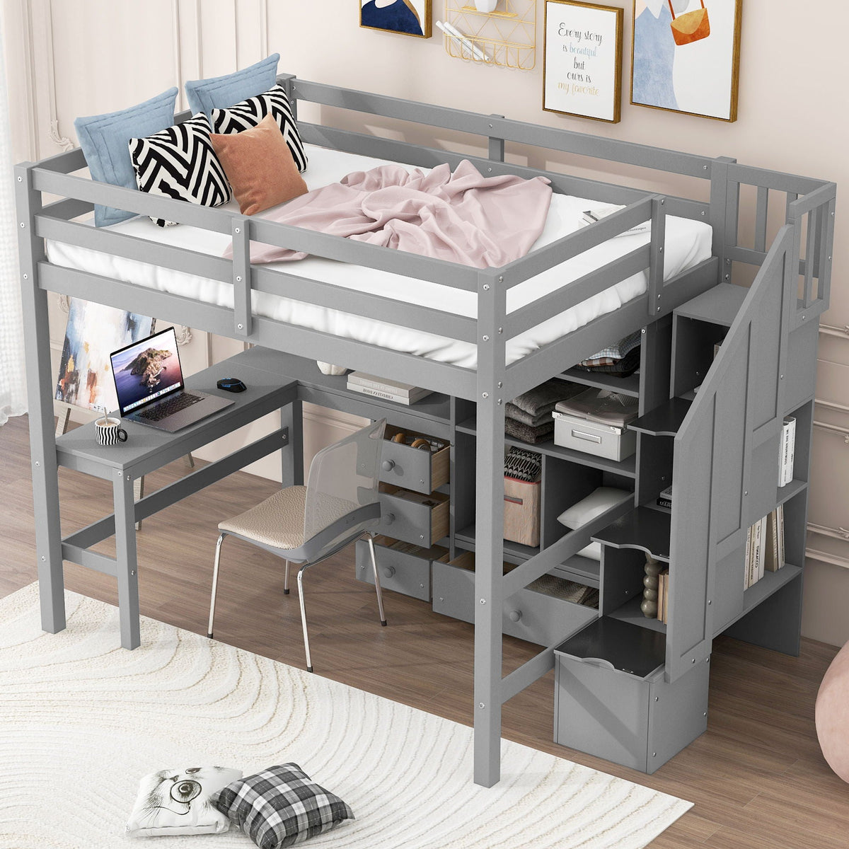 Full Loft Bed with L-Shaped Desk and Storage Staircase - White or Dark Gray, photo 5 of 24