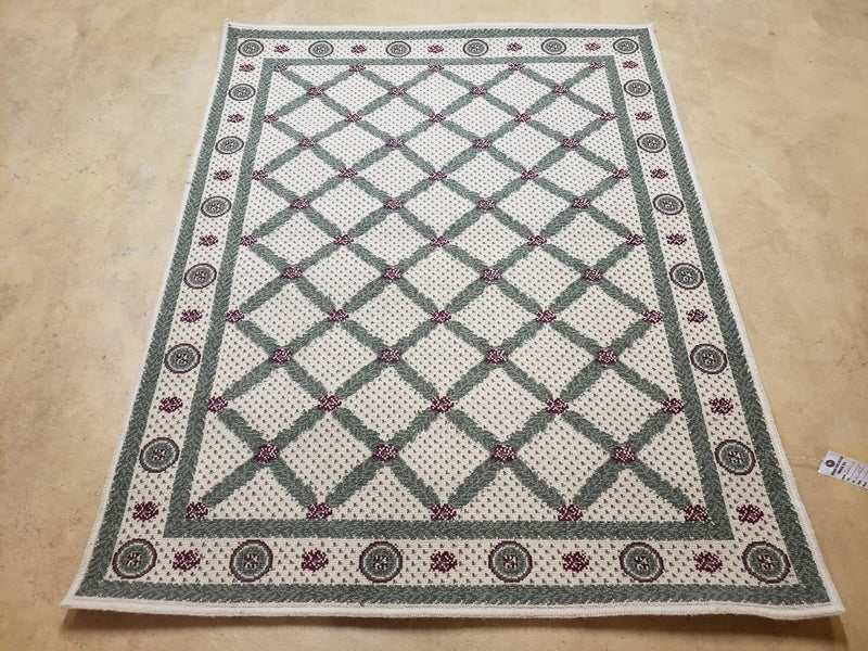 4x5 Panel Design Rug, 4' x 5' Power-Loomed Vintage Rug, Beige & Pine Green Carpet by Jewel Rugs