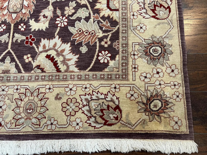 Vintage Indo Mahal Area Rug 6x9, Indian Persian Oriental Carpet 6 x 9, Puce Eggplant Tan Beige Rug, Hand-Knotted, Large Floral Design Wool by Jewel Rugs