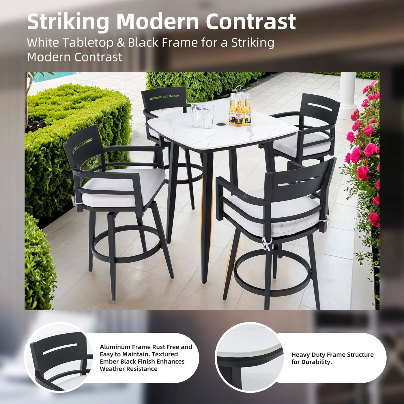 Modern Outdoor Patio Bar Set, Rounded Square Table & Bar Chairs, Non Rust Frame, Tapered Legs, Sunbrella Cushion by HouseOfZazla