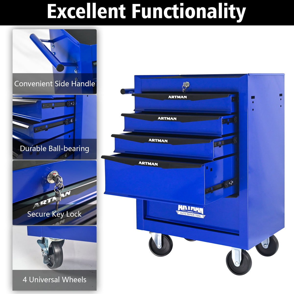 Rolling Metal Tool Chest with 5 Drawers - Black+Blue, photo 4 of 10
