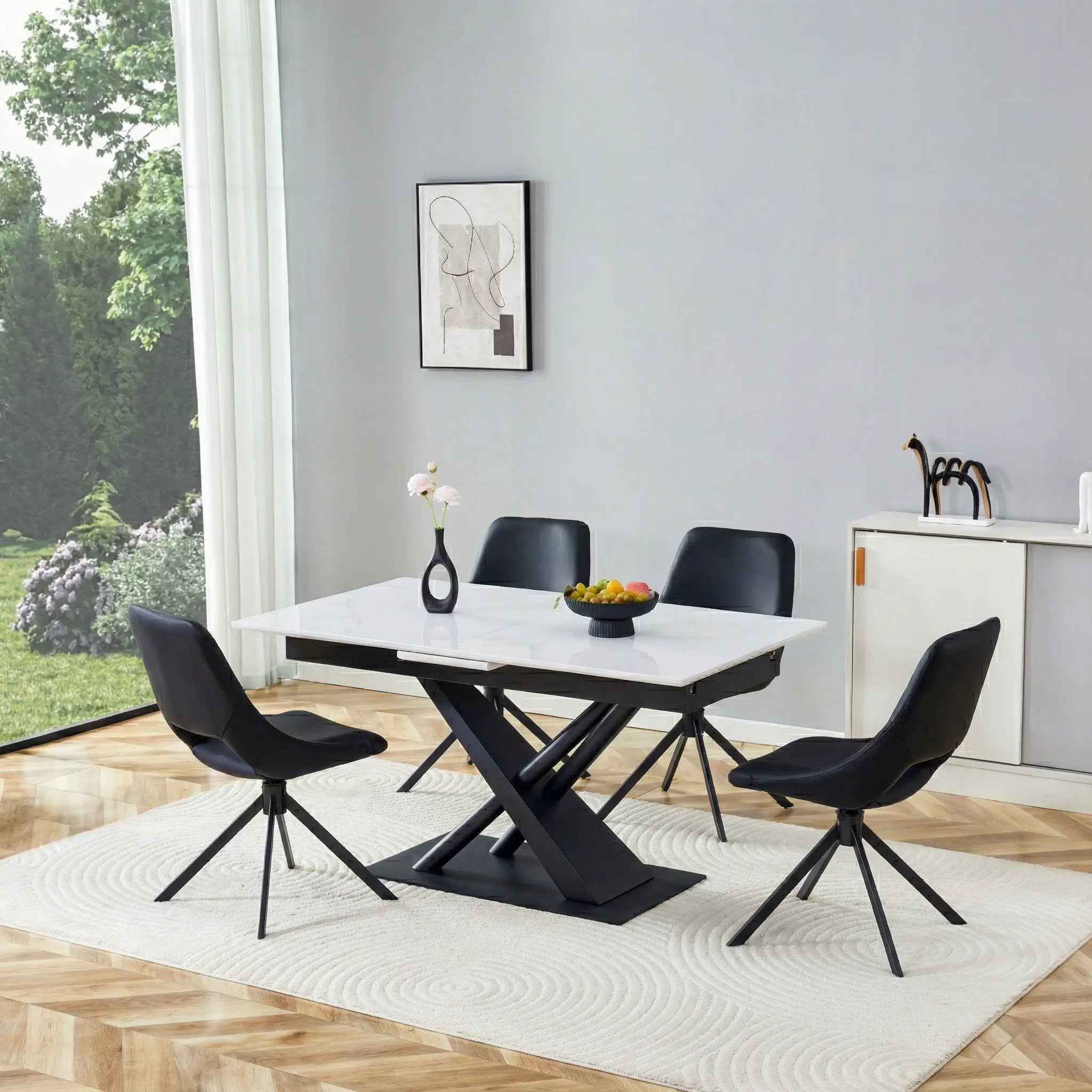 Dining Table With Geometric X Frame For Kitchen Or Dining Room - White Marble