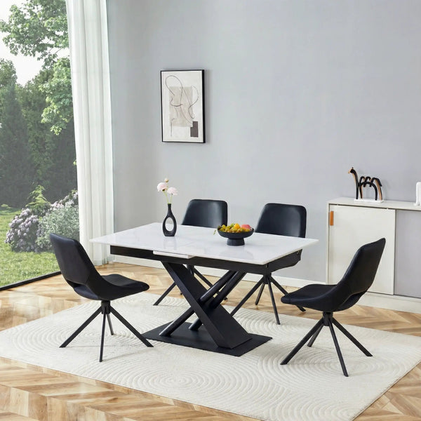 Dining Table With Geometric X Frame For Kitchen Or Dining Room - White Marble, photo 2 of 6
