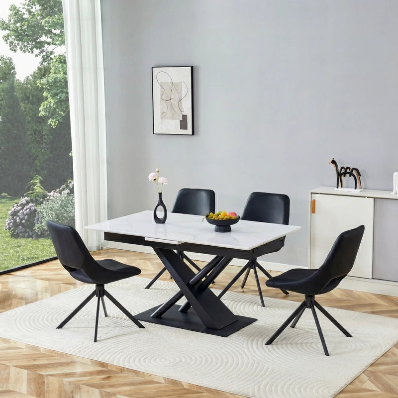 Dining Table With Geometric X Frame For Kitchen Or Dining Room - White Marble by Unique Piece Furniture