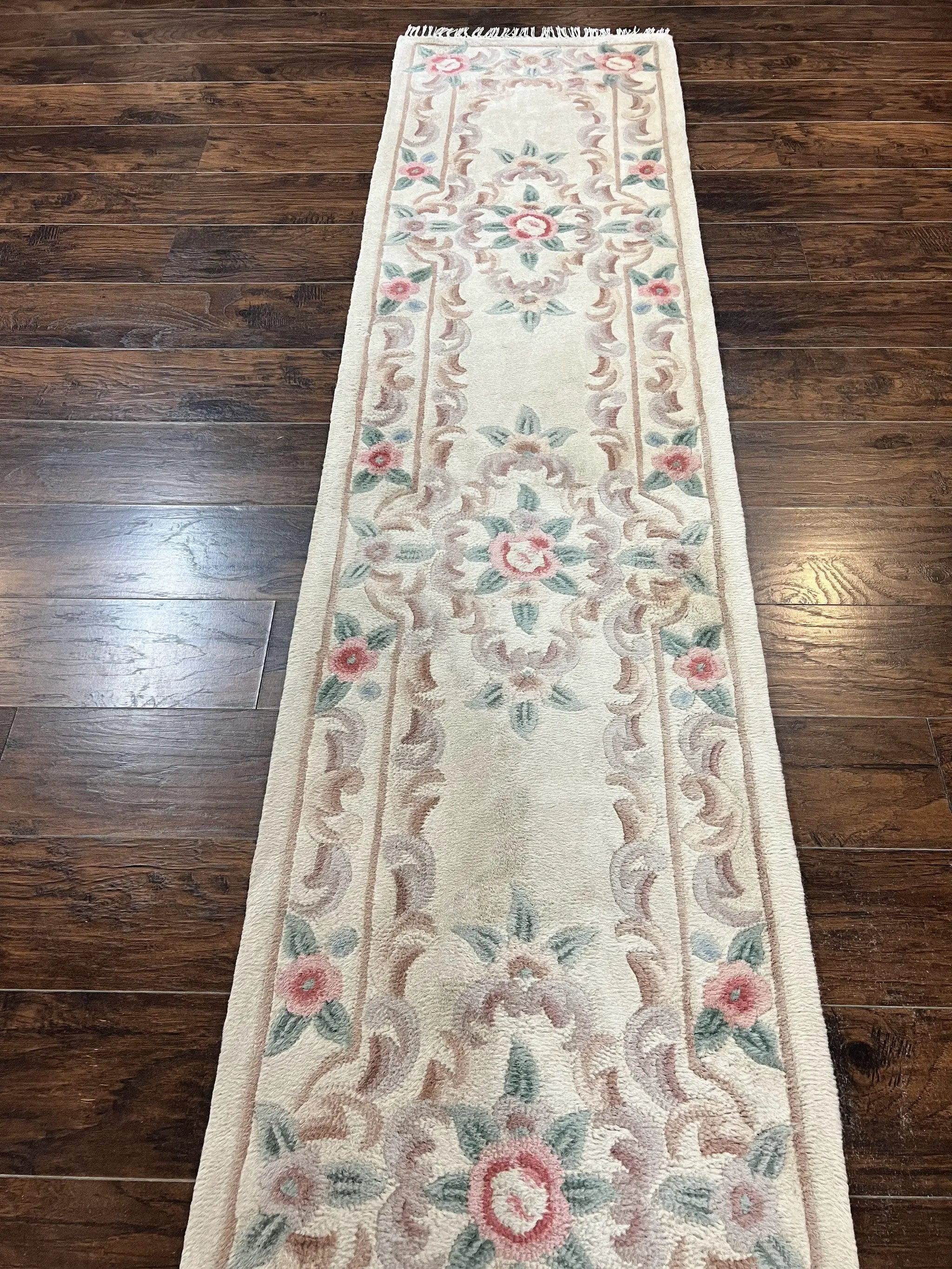 Chinese Aubusson Runner Rug 2.4 x 11, Hand Tufted Beige Floral European Design Hallway Rug, Elegant Rug, Vintage Wool Rug 11ft Long by Jewel Rugs