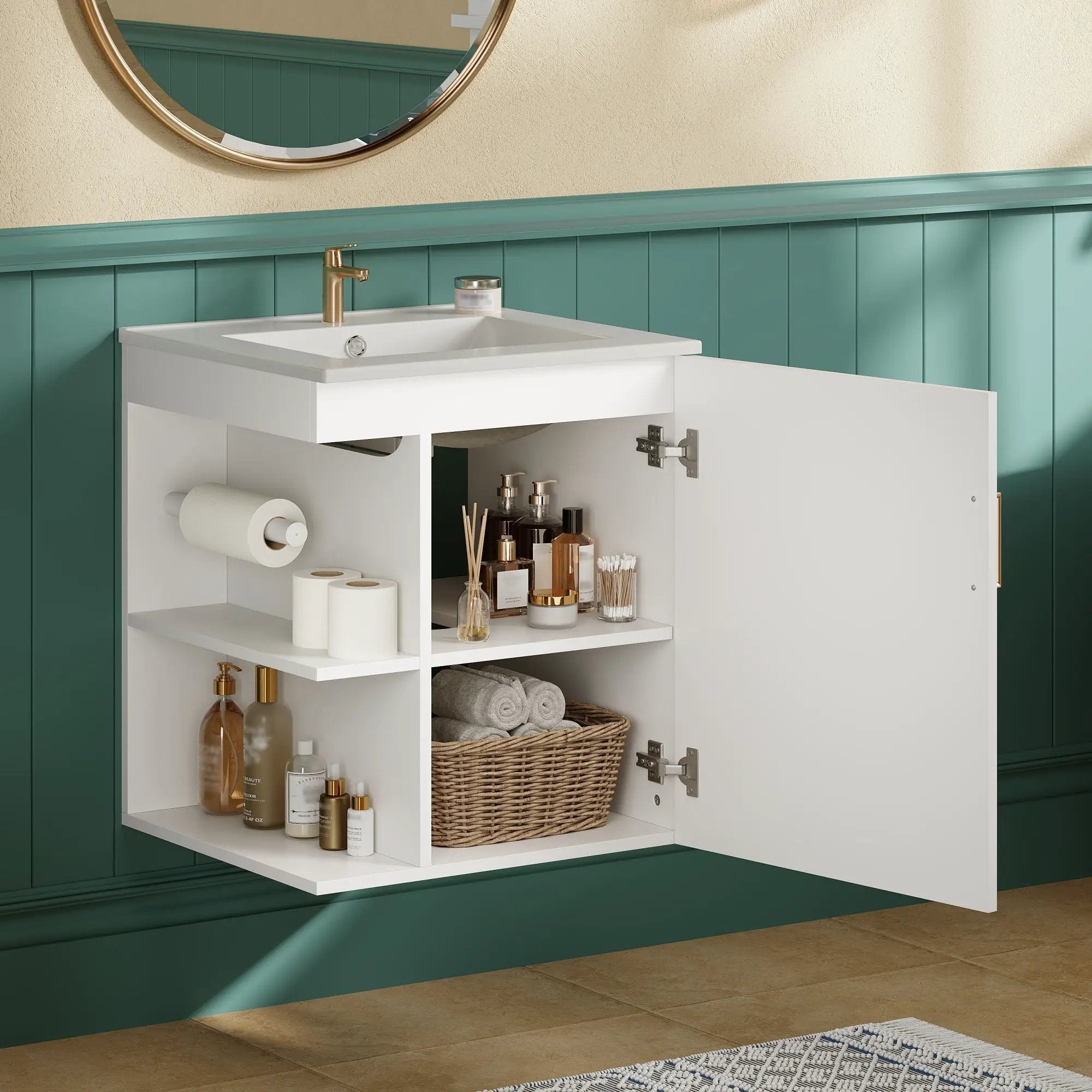 Modern Wall Mounted Bathroom Cabinet With Side Shelf And Ceramic Sink by Unique Piece Furniture