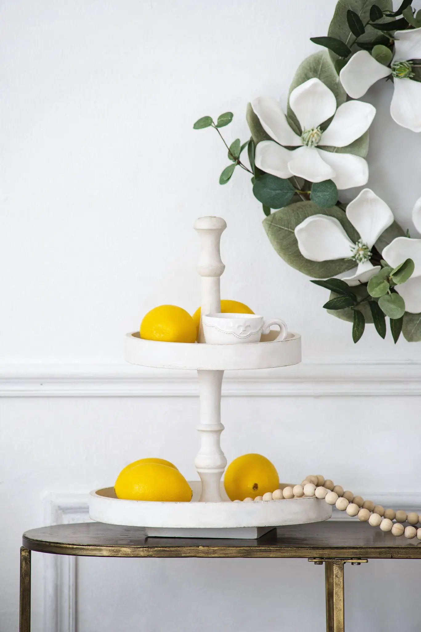 Two Tiered Round Wooden Tray - White by HouseOfZazla