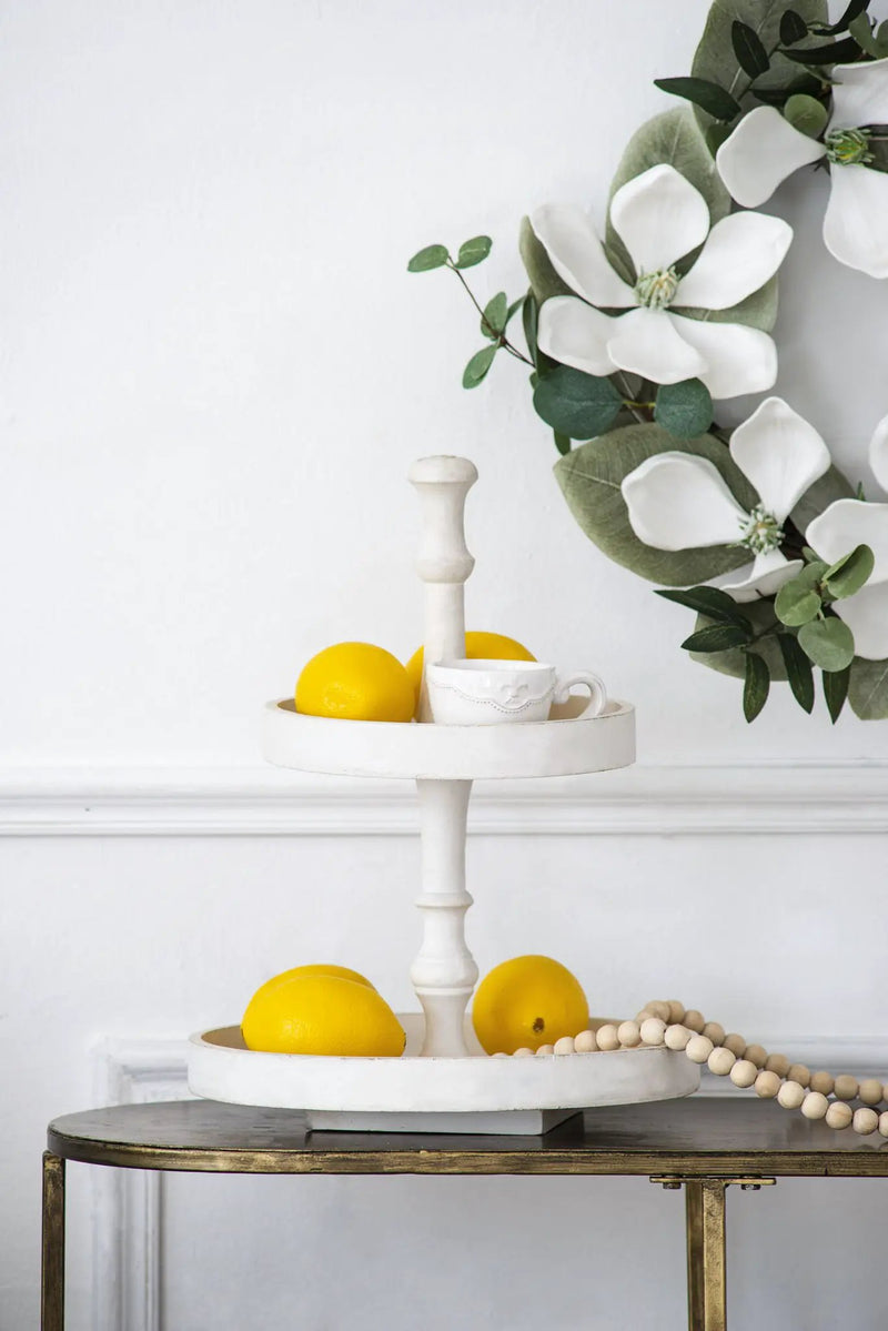 Two Tiered Round Wooden Tray - White by HouseOfZazla