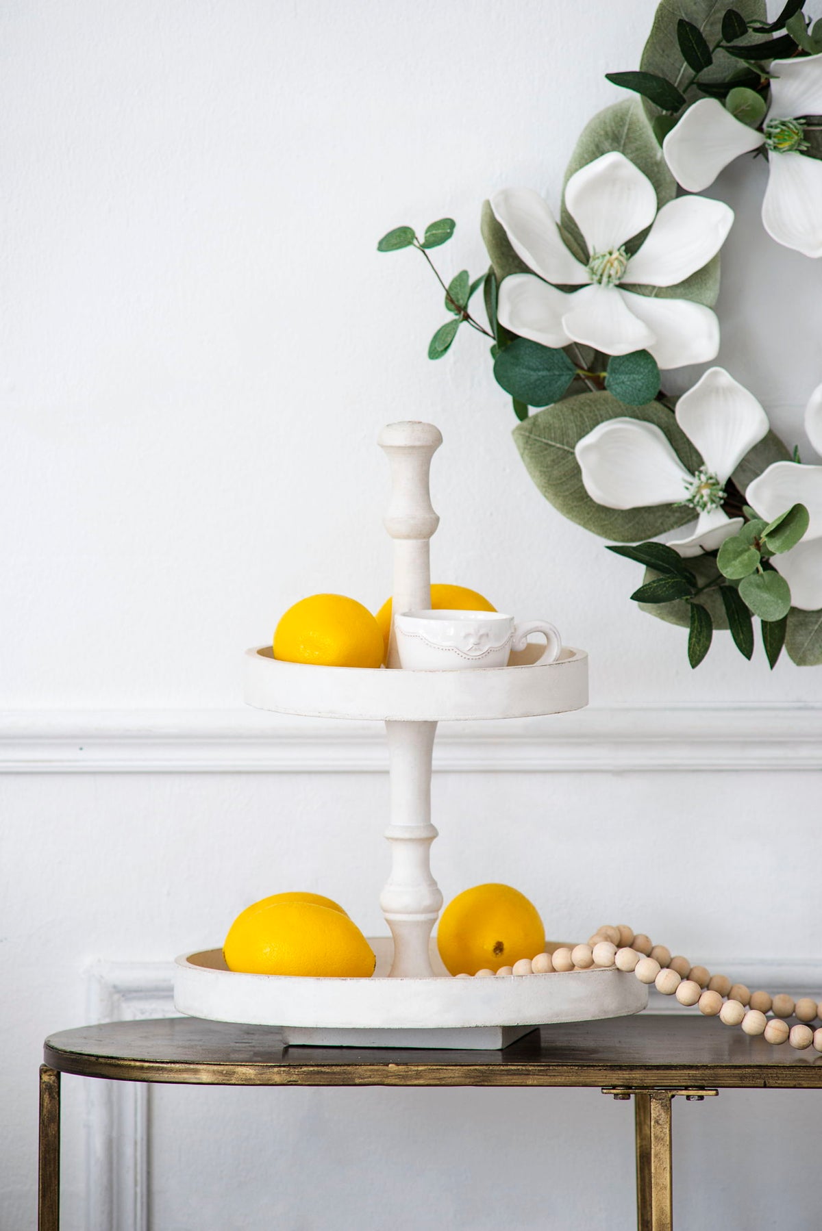 Two Tiered Round Wooden Tray with Farmhouse Style - White, photo 5 of 9