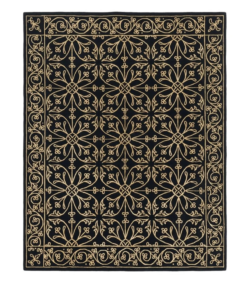 Tibetan Rug 8x10, Wool and Silk, Raised Pattern, Black and Gold, Floral by Jewel Rugs