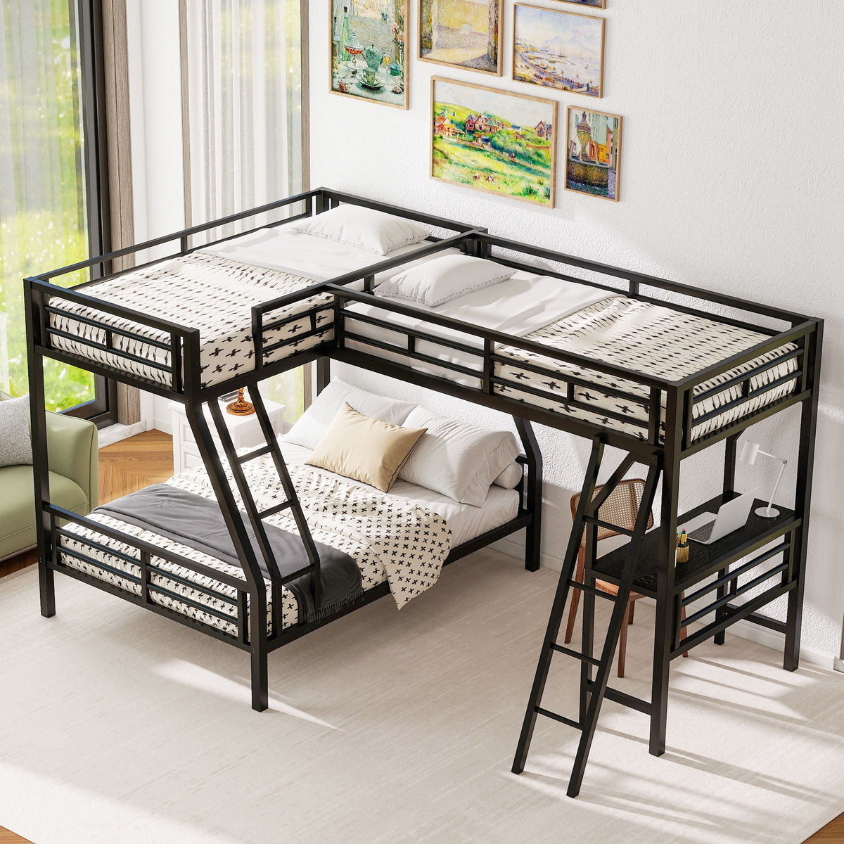 Twin Over Full Bunk Bed with Loft and Desk - L-Shaped Design for 3 Sleepers - Black, photo 4 of 14