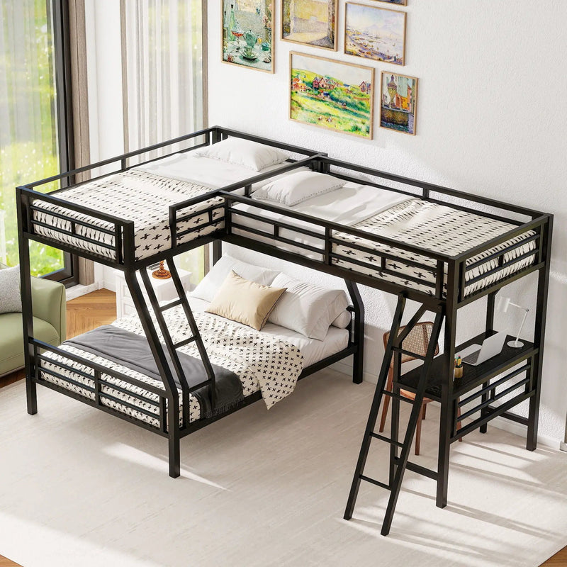 Twin Over Full Bunk Bed With Loft And Desk, L-Shaped Design For 3 Sleepers - Black by Unique Piece Furniture