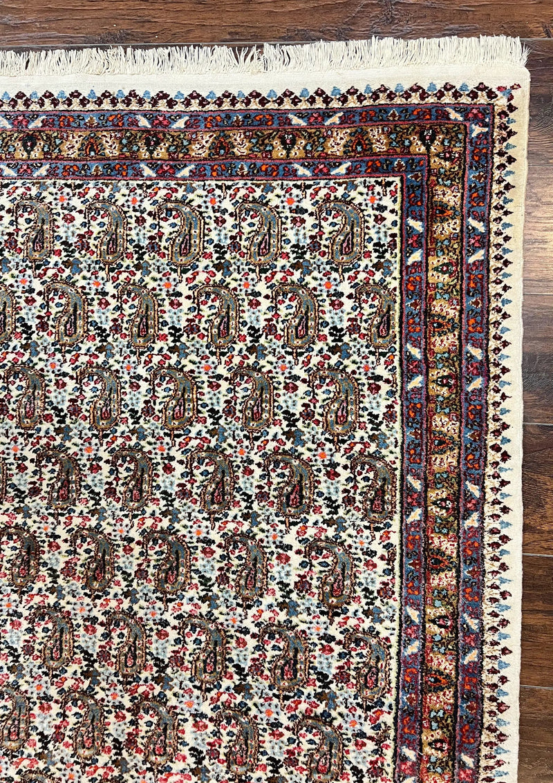 Persian Rug 4x6, Mashad Kashmar Rug, Boteh Paisley Design, Allover Repeated Pattern, Ivory Hand Knotted Vintage Semi Antique Persian Oriental Carpet by Jewel Rugs