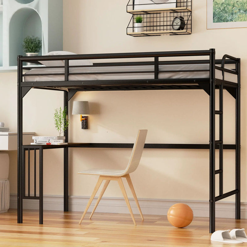 Twin Metal Loft Bed With Desk, Ladder And Guardrails, Bookdesk Under Bed - Black by HouseOfZazla