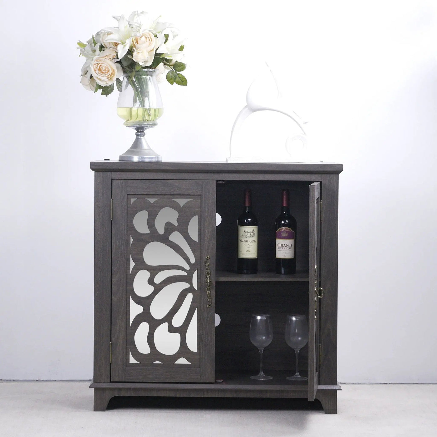 Elegant Sideboard With 2 Acrylic Mirrored Doors, Adjustable Shelf Storage by HouseOfZazla