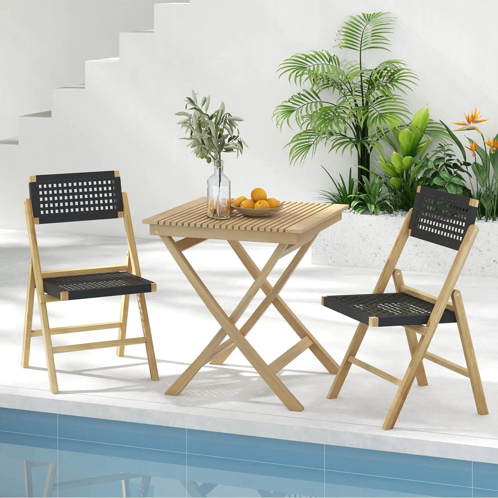 Set of 2 Folding Chairs Indonesia Teak Wood Dining Chairs with Woven Rope Seat and Back by DirectDeals