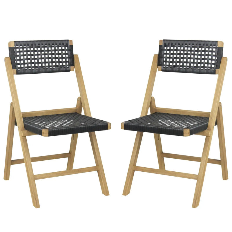 Set of 2 Folding Chairs Indonesia Teak Wood Dining Chairs with Woven Rope Seat and Back by DirectDeals