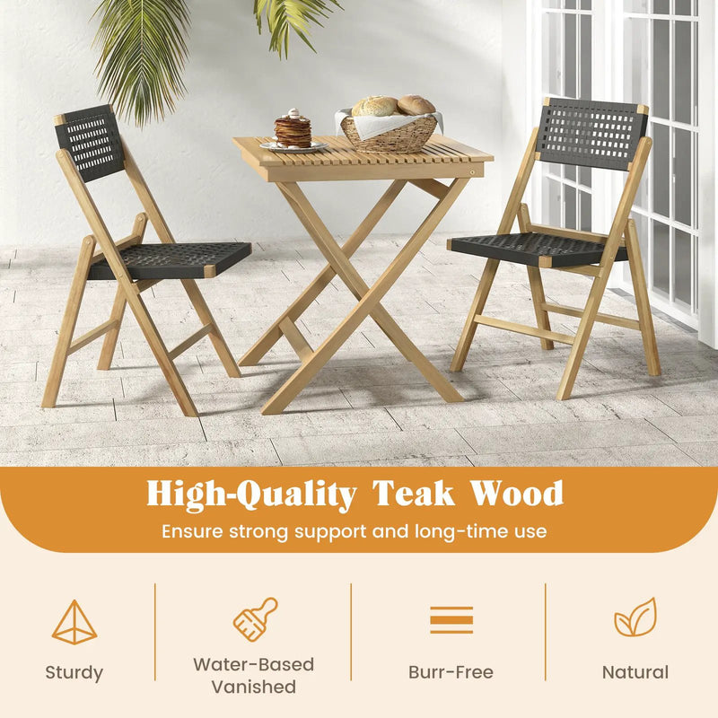 Set of 2 Folding Chairs Indonesia Teak Wood Dining Chairs with Woven Rope Seat and Back by DirectDeals