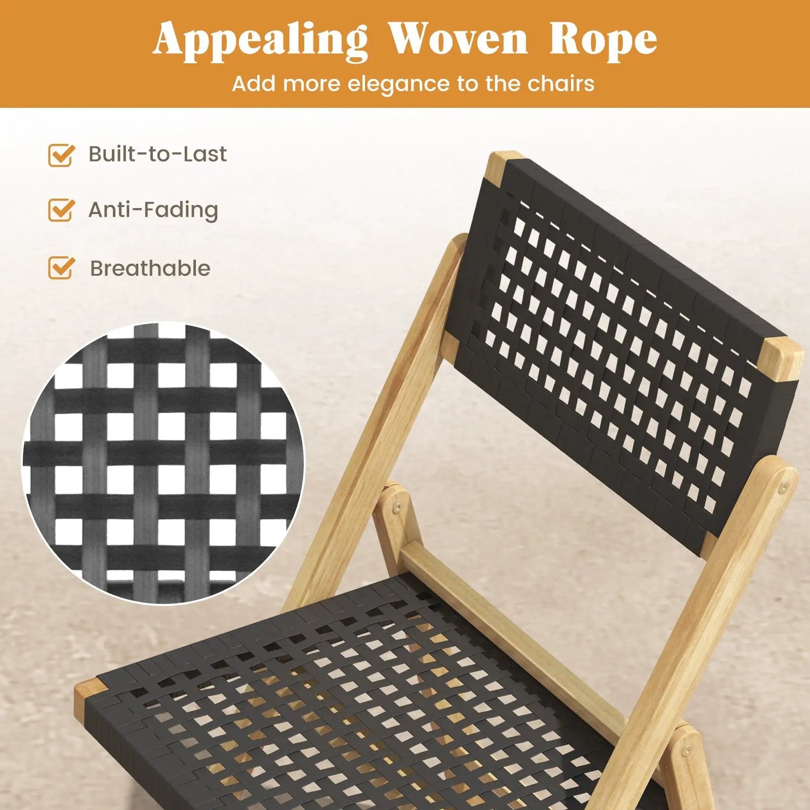 Set of 2 Folding Chairs Indonesia Teak Wood Dining Chairs with Woven Rope Seat and Back by DirectDeals