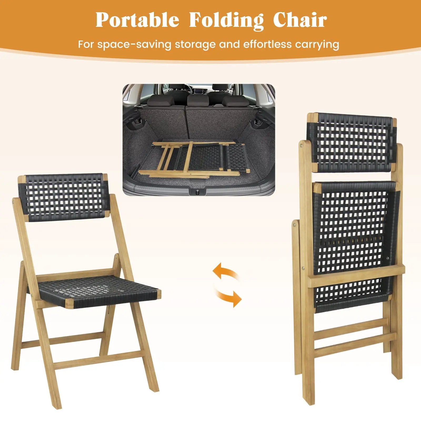 Set of 2 Folding Chairs Indonesia Teak Wood Dining Chairs with Woven Rope Seat and Back by DirectDeals