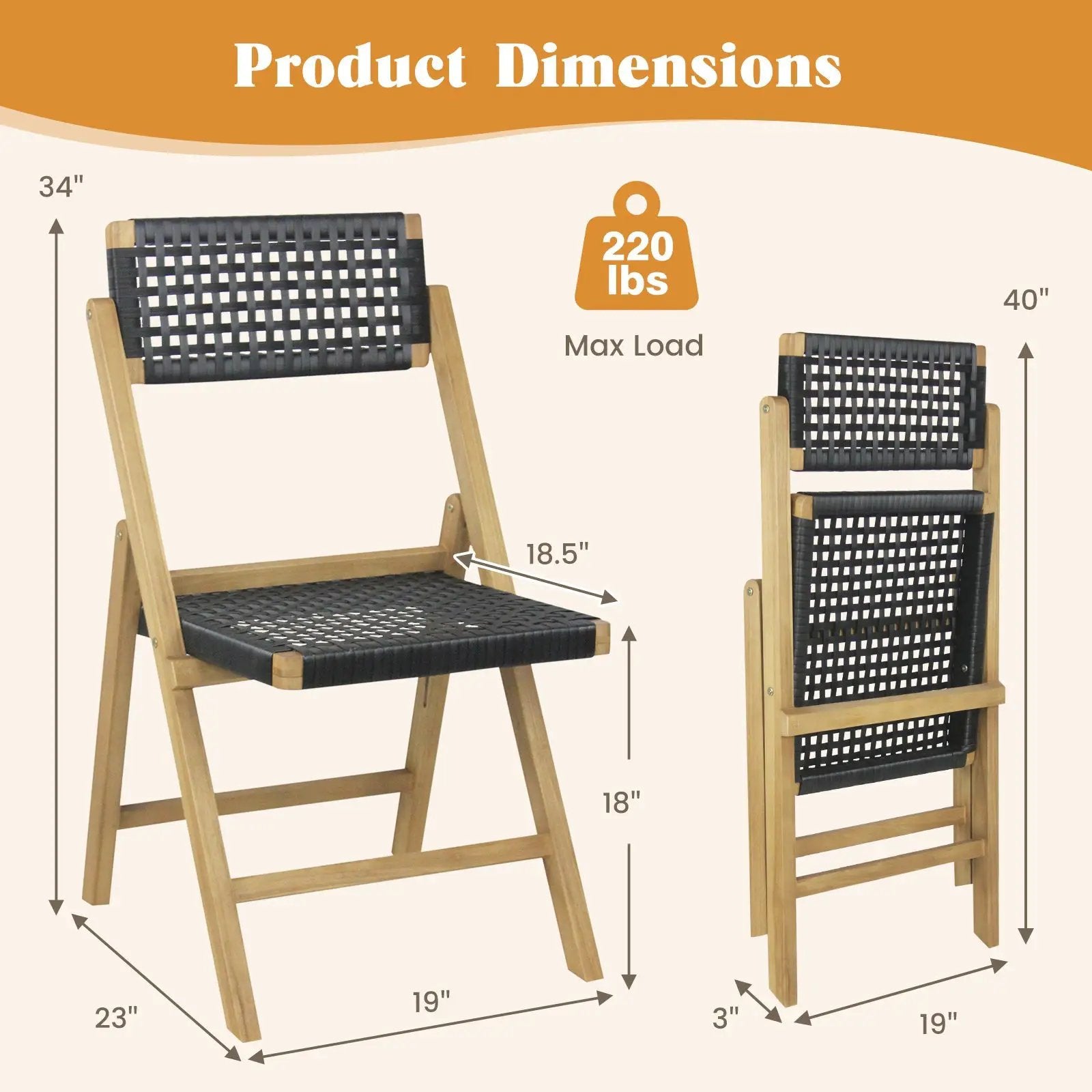 Set of 2 Folding Chairs Indonesia Teak Wood Dining Chairs with Woven Rope Seat and Back by DirectDeals