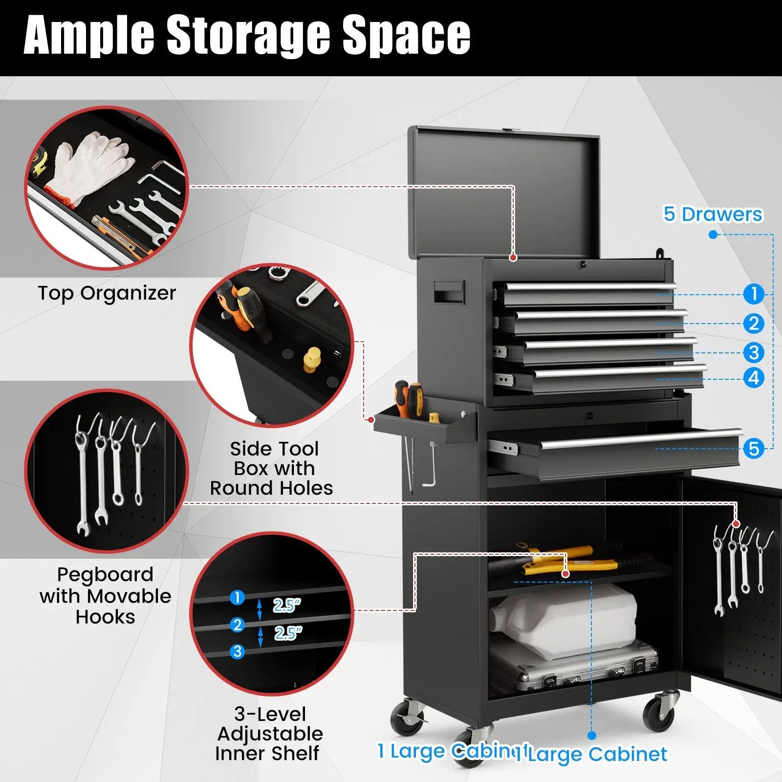 2-in-1 Tool Chest and Cabinet with 5 Sliding Drawers-Black by DirectDeals