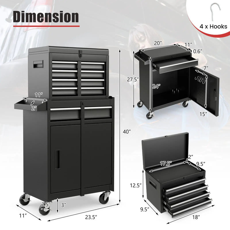 2-in-1 Tool Chest and Cabinet with 5 Sliding Drawers-Black by DirectDeals